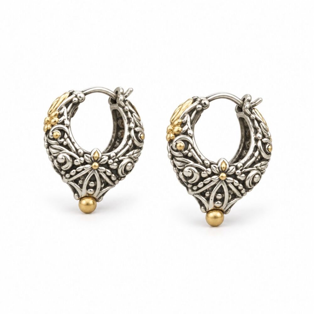 Barbara Bixby Sterling Silver 18K Yellow Gold Huggie Hoop Earrings 1" Lotus 925